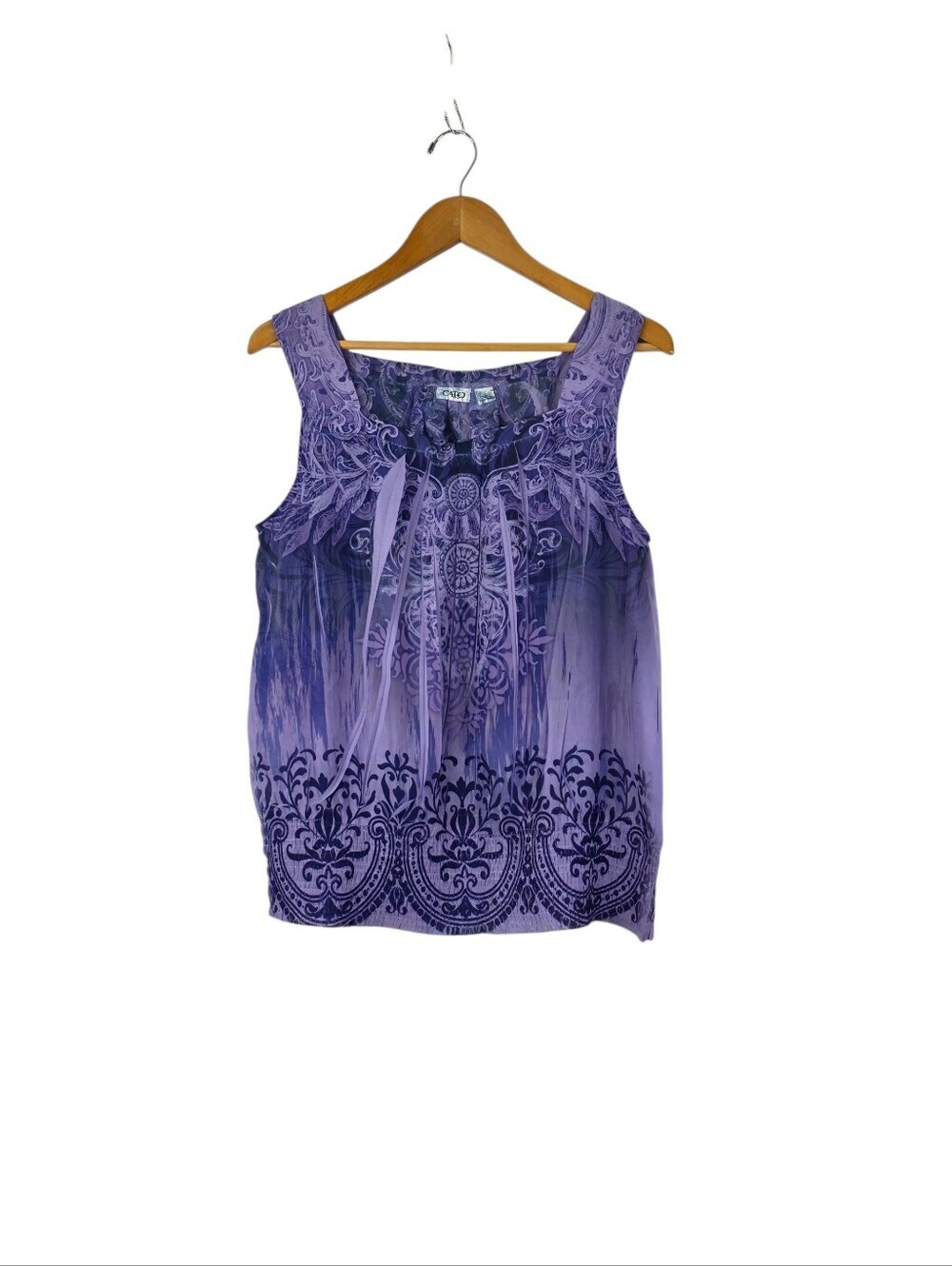 Cato Y2K Hippie Sleeveless Blouse Large Purple Floral Semi-Sheer Crinkle Stretch